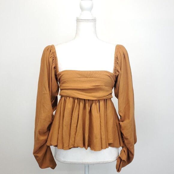 Free People Gigi Long Sleeve Square Neck Smocked Peplum Boho Top - Picture 4 of 13